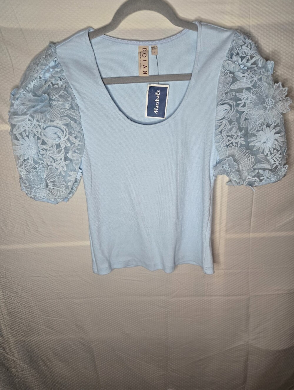 Dolan Light Blue Puff Sleevewith 3D Floral Applique Lace Top